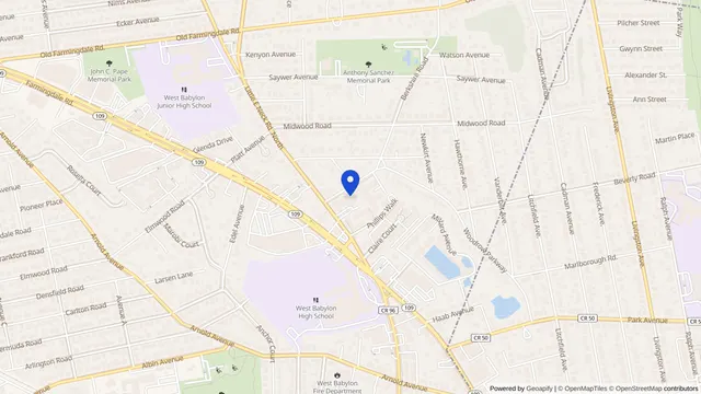 Map showing the location of Berkshire Nursing and Rehab Center at 10 Berkshire Road, West Babylon, NY 11704, served by DachiPlus medical transportation.
