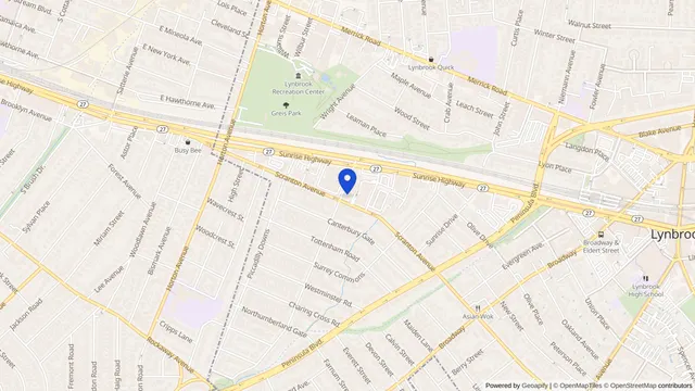Map showing the location of DaVita Lynbrook Dialysis Center at 147 Scranton Ave, Lynbrook, NY 11563, served by DachiPlus medical transportation.