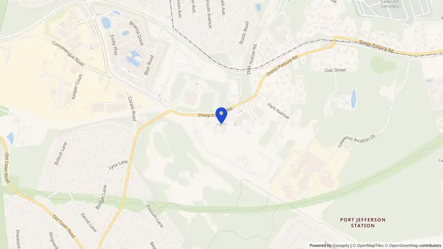 Map showing the location of Day Haven Adult Day Services at 400 Sheep Pasture Rd, Port Jefferson, NY 11777, served by DachiPlus medical transportation.