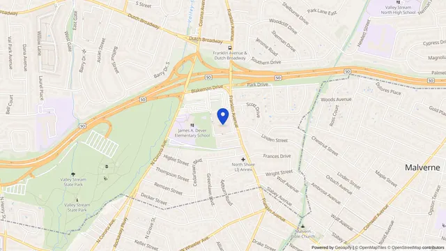 Map showing the location of Long Island Jewish Valley Stream (Franklin) at 900 Franklin Ave, Valley Stream, NY 11580, served by DachiPlus medical transportation.