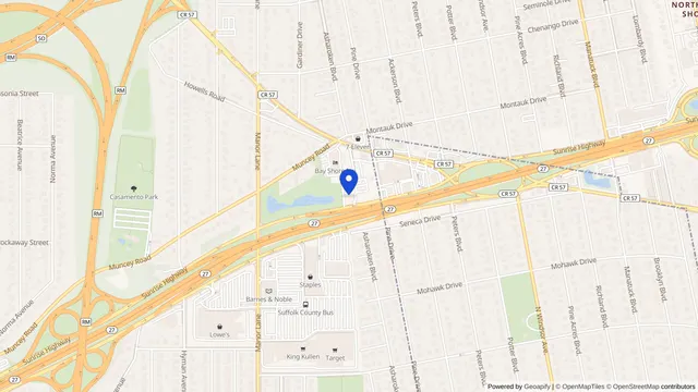 Map showing the location of Fresenius Kidney Care Bay Shore at 929 Sunrise Hwy, Bay Shore, NY 11706, served by DachiPlus medical transportation.