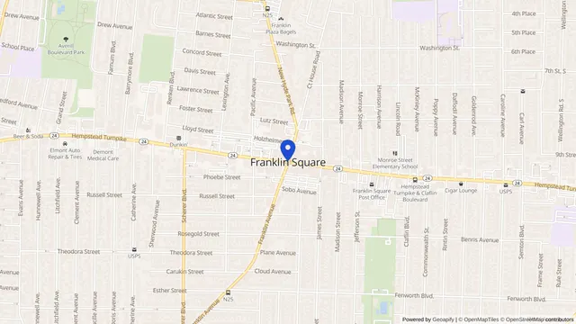 Map showing the location of Fulton Commons Care Center at 60 Merrick Avenue, Franklin Square, NY 11010, served by DachiPlus medical transportation.