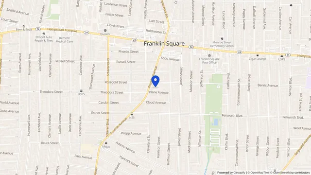 Map showing the location of Garden Care Center at 135 Franklin Avenue, Franklin Square, NY 11010, served by DachiPlus medical transportation.
