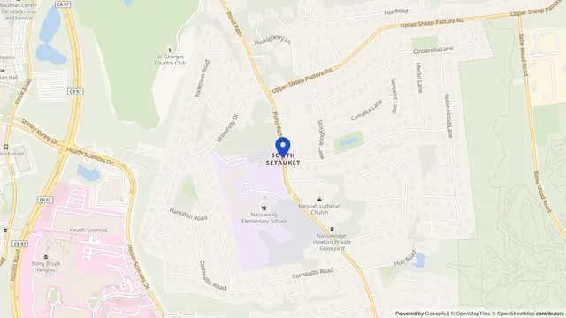 Map showing the location of Jefferson's Ferry at 500 Mather Drive, South Setauket, NY 11720, served by DachiPlus medical transportation.
