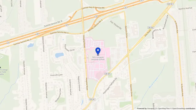 Map showing the location of Long Island Community Hospital at 101 Hospital Rd, Patchogue, NY 11772, served by DachiPlus medical transportation.