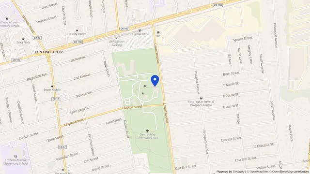 Map showing the location of Middle Island Adult Day Health Services — West at 575 Clayton St, Central Islip, NY 11722, served by DachiPlus medical transportation.