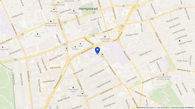 Map showing the location of Nassau Extended Care Adult Day Health Care at 1 Greenwich St, Hempstead, NY 11550, served by DachiPlus medical transportation.