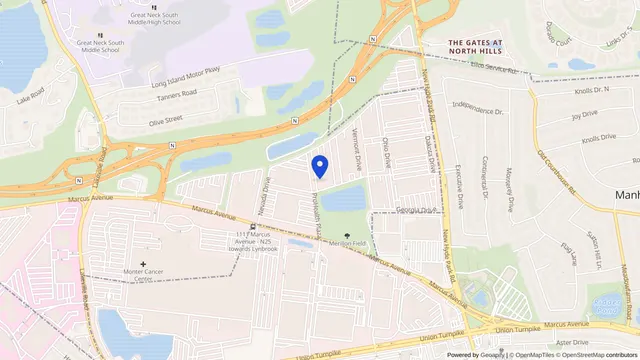 Map showing the location of Parker Jewish Institute Adult Day Health Care at 1 Delaware Dr, Lake Success, NY 11042, served by DachiPlus medical transportation.