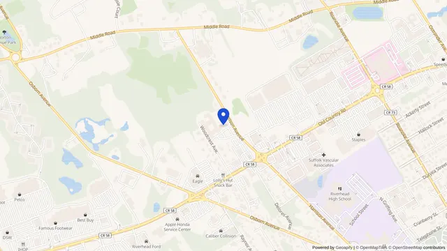 Map showing the location of Riverhead Care Center at 1146 Woodcrest Avenue, Riverhead, NY 11901, served by DachiPlus medical transportation.