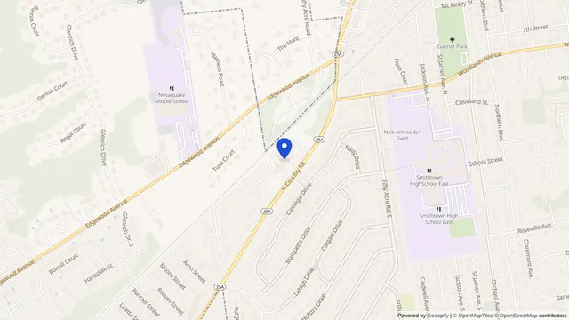 Map showing the location of Smithtown Center for Rehab & Nursing at 391 North Country Road, Smithtown, NY 11787, served by DachiPlus medical transportation.