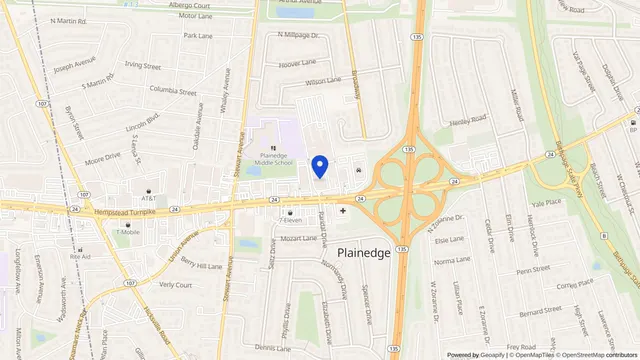 Map showing the location of St. Joseph Hospital at 4295 Hempstead Tpke, Bethpage, NY 11714, served by DachiPlus medical transportation.