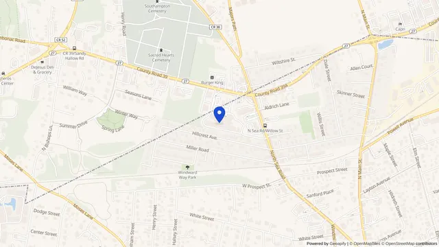 Map showing the location of The Hamptons Center for Rehab & Nursing at 64 County Road 39, Southampton, NY 11968, served by DachiPlus medical transportation.