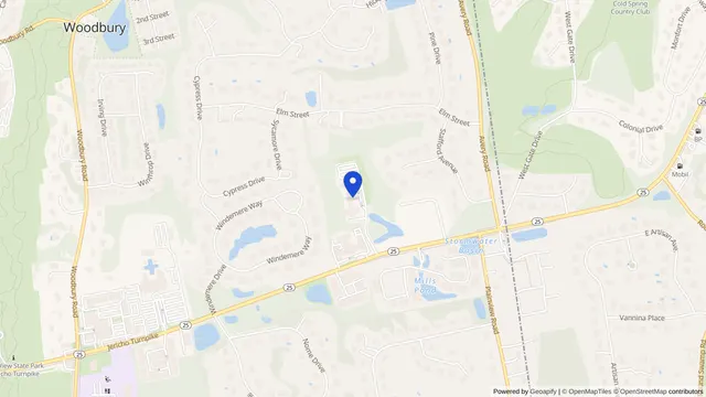 Map showing the location of White Oaks Nursing Home at 8565 Jericho Turnpike, Woodbury, NY 11797, served by DachiPlus medical transportation.