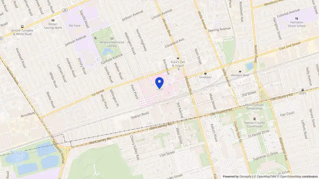 Map showing the location of NYU Langone Hospital — Long Island (Winthrop) at 259 1st St, Mineola, NY 11501, served by DachiPlus medical transportation.