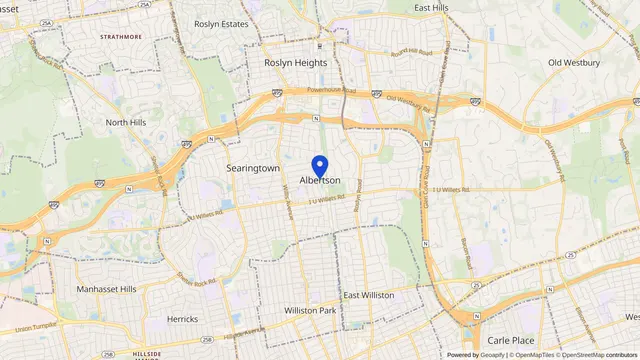 Map showing the location of Albertson at Albertson, Nassau County, NY, served by DachiPlus medical transportation.