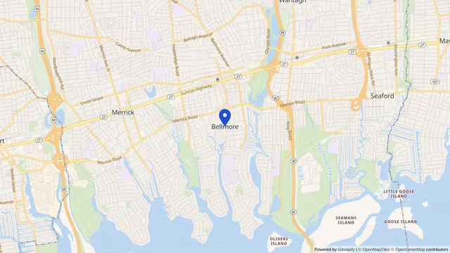 Map showing the location of Bellmore at Bellmore, Nassau County, NY, served by DachiPlus medical transportation.
