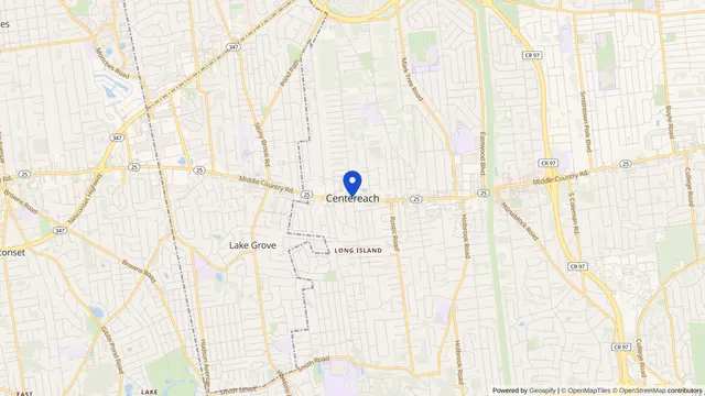 Map showing the location of Centereach at Centereach, Suffolk County, NY, served by DachiPlus medical transportation.