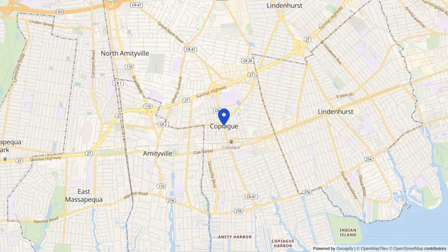 Map showing the location of Copiague at Copiague, Suffolk County, NY, served by DachiPlus medical transportation.