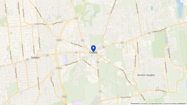 Map showing the location of Coram at Coram, Suffolk County, NY, served by DachiPlus medical transportation.