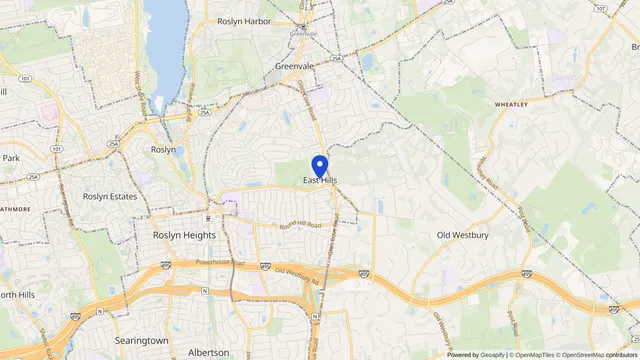Map showing the location of East Hills at East Hills, Nassau County, NY, served by DachiPlus medical transportation.