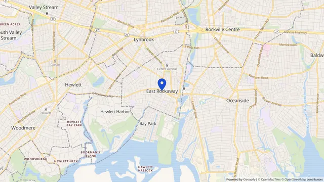 Map showing the location of East Rockaway at East Rockaway, Nassau County, NY, served by DachiPlus medical transportation.
