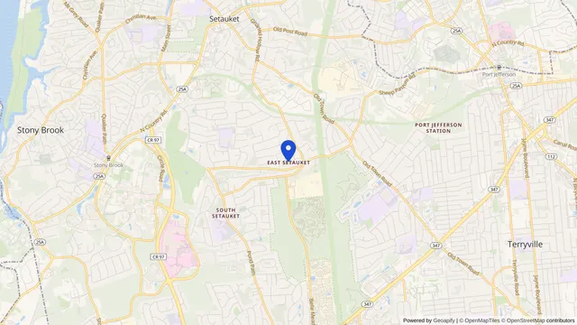 Map showing the location of East Setauket at East Setauket, Suffolk County, NY, served by DachiPlus medical transportation.