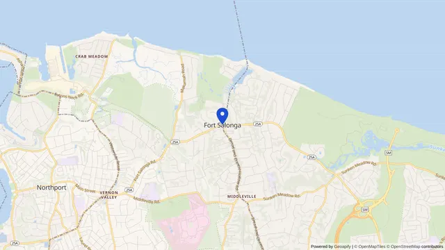 Map showing the location of Fort Salonga at Fort Salonga, Suffolk County, NY, served by DachiPlus medical transportation.