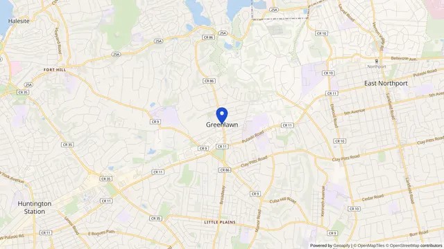 Map showing the location of Greenlawn at Greenlawn, Suffolk County, NY, served by DachiPlus medical transportation.