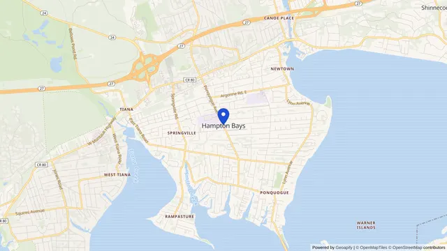 Map showing the location of Hampton Bays at Hampton Bays, Suffolk County, NY, served by DachiPlus medical transportation.