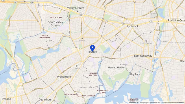 Map showing the location of Hewlett at Hewlett, Nassau County, NY, served by DachiPlus medical transportation.