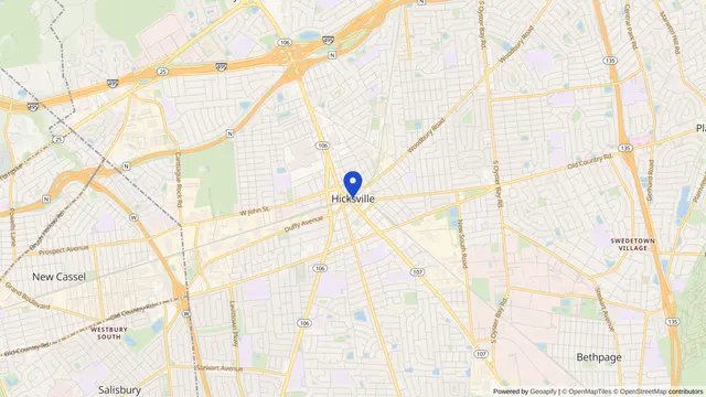 Map showing the location of Hicksville at Hicksville, Nassau County, NY, served by DachiPlus medical transportation.