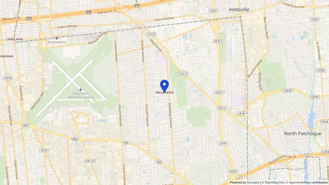 Map showing the location of Holbrook at Holbrook, Suffolk County, NY, served by DachiPlus medical transportation.