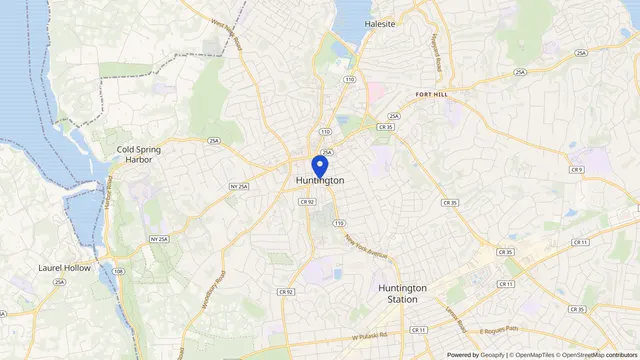 Map showing the location of Huntington at Huntington, Suffolk County, NY, served by DachiPlus medical transportation.