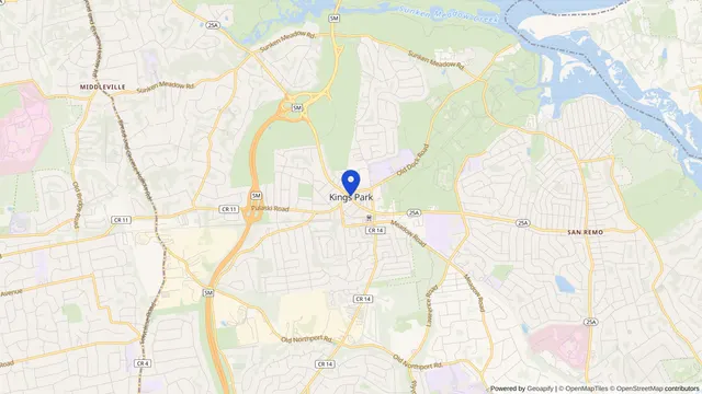 Map showing the location of Kings Park at Kings Park, Suffolk County, NY, served by DachiPlus medical transportation.