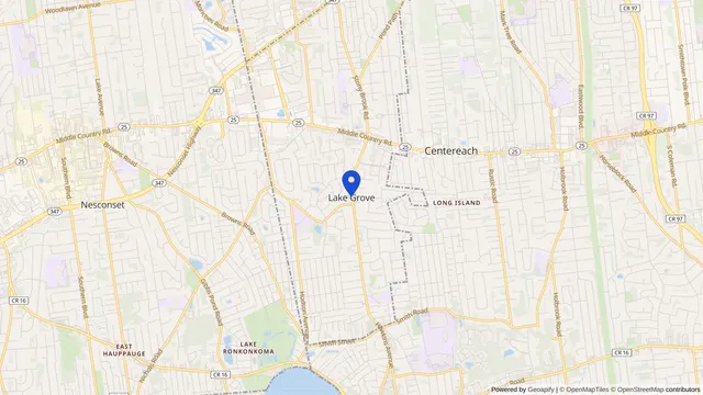 Map showing the location of Lake Grove at Lake Grove, Suffolk County, NY, served by DachiPlus medical transportation.