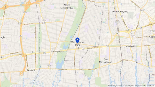 Map showing the location of Massapequa Park at Massapequa Park, Nassau County, NY, served by DachiPlus medical transportation.