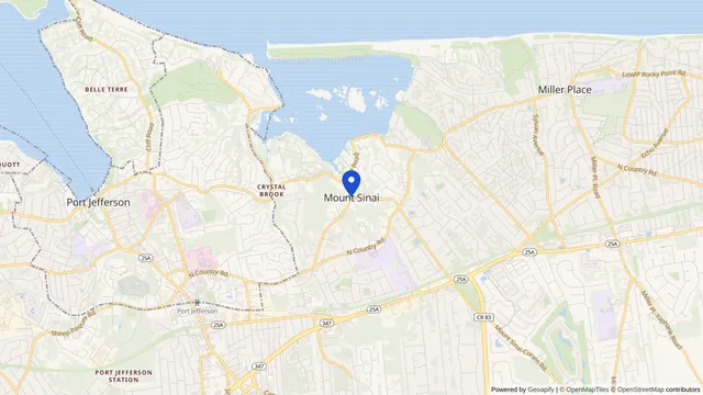 Map showing the location of Mount Sinai at Mount Sinai, Suffolk County, NY, served by DachiPlus medical transportation.