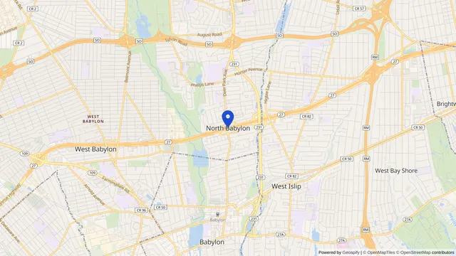 Map showing the location of North Babylon at North Babylon, Suffolk County, NY, served by DachiPlus medical transportation.