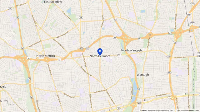 Map showing the location of North Bellmore at North Bellmore, Nassau County, NY, served by DachiPlus medical transportation.