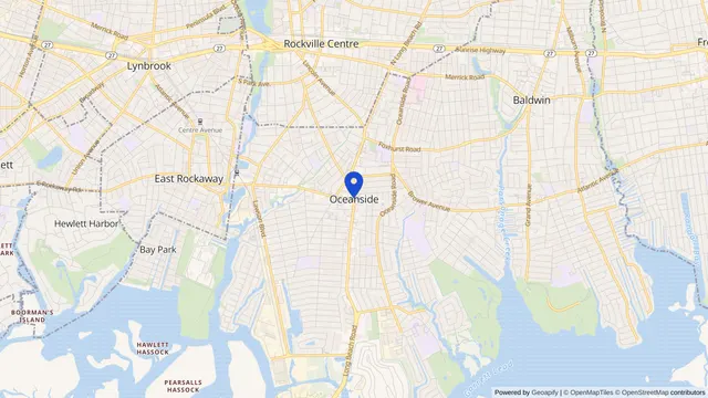 Map showing the location of Oceanside at Oceanside, Nassau County, NY, served by DachiPlus medical transportation.