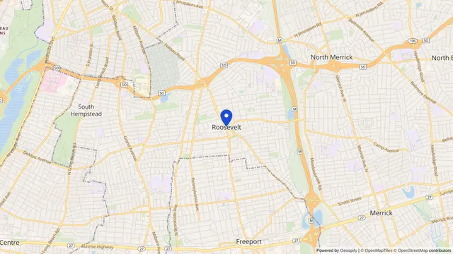 Map showing the location of Roosevelt at Roosevelt, Nassau County, NY, served by DachiPlus medical transportation.