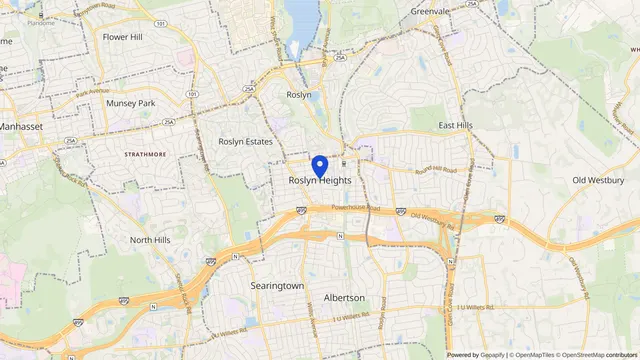 Map showing the location of Roslyn Heights at Roslyn Heights, Nassau County, NY, served by DachiPlus medical transportation.