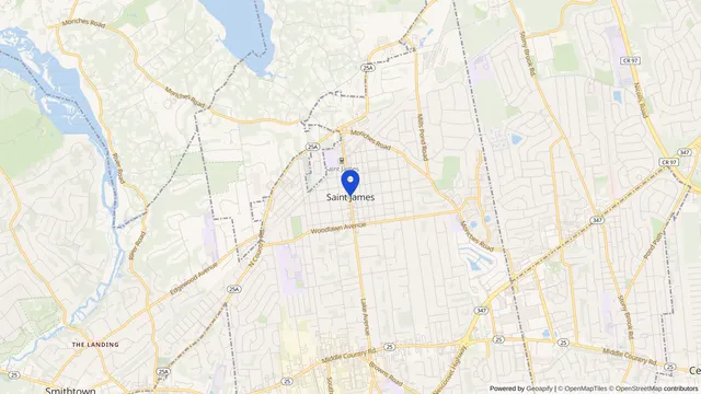 Map showing the location of Saint James at Saint James, Suffolk County, NY, served by DachiPlus medical transportation.