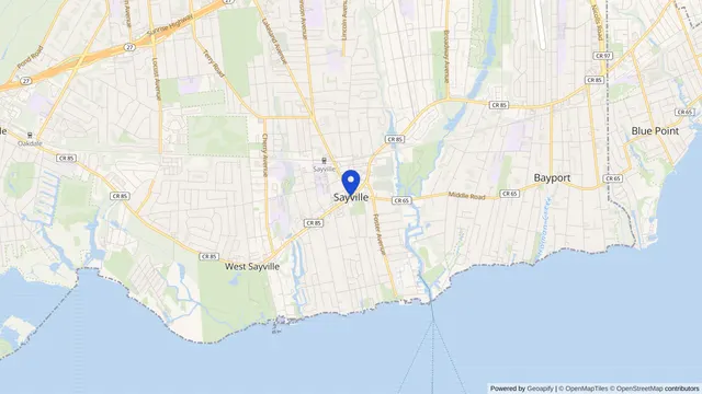 Map showing the location of Sayville at Sayville, Suffolk County, NY, served by DachiPlus medical transportation.