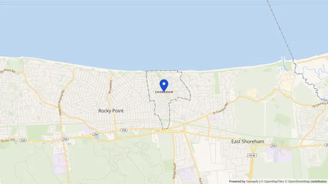 Map showing the location of Shoreham at Shoreham, Suffolk County, NY, served by DachiPlus medical transportation.