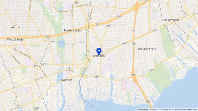 Map showing the location of West Islip at West Islip, Suffolk County, NY, served by DachiPlus medical transportation.